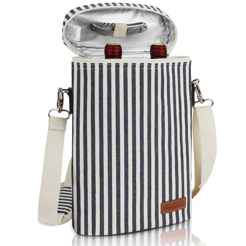 ZORMY 2 Bottle Wine Tote Carrier, Dark Blue, 750 mL Capacity, Polyester Material, With Shoulder Strap and Corkscrew - Image 1
